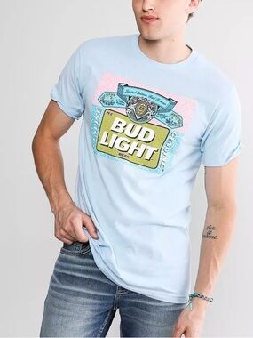 Budweiser Light Blue Short Sleeve Tee with Multicolor Logo